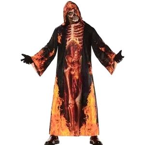 💀 Men's Underworld Flames Skeleton Cloak Robe Reaper Halloween Costume